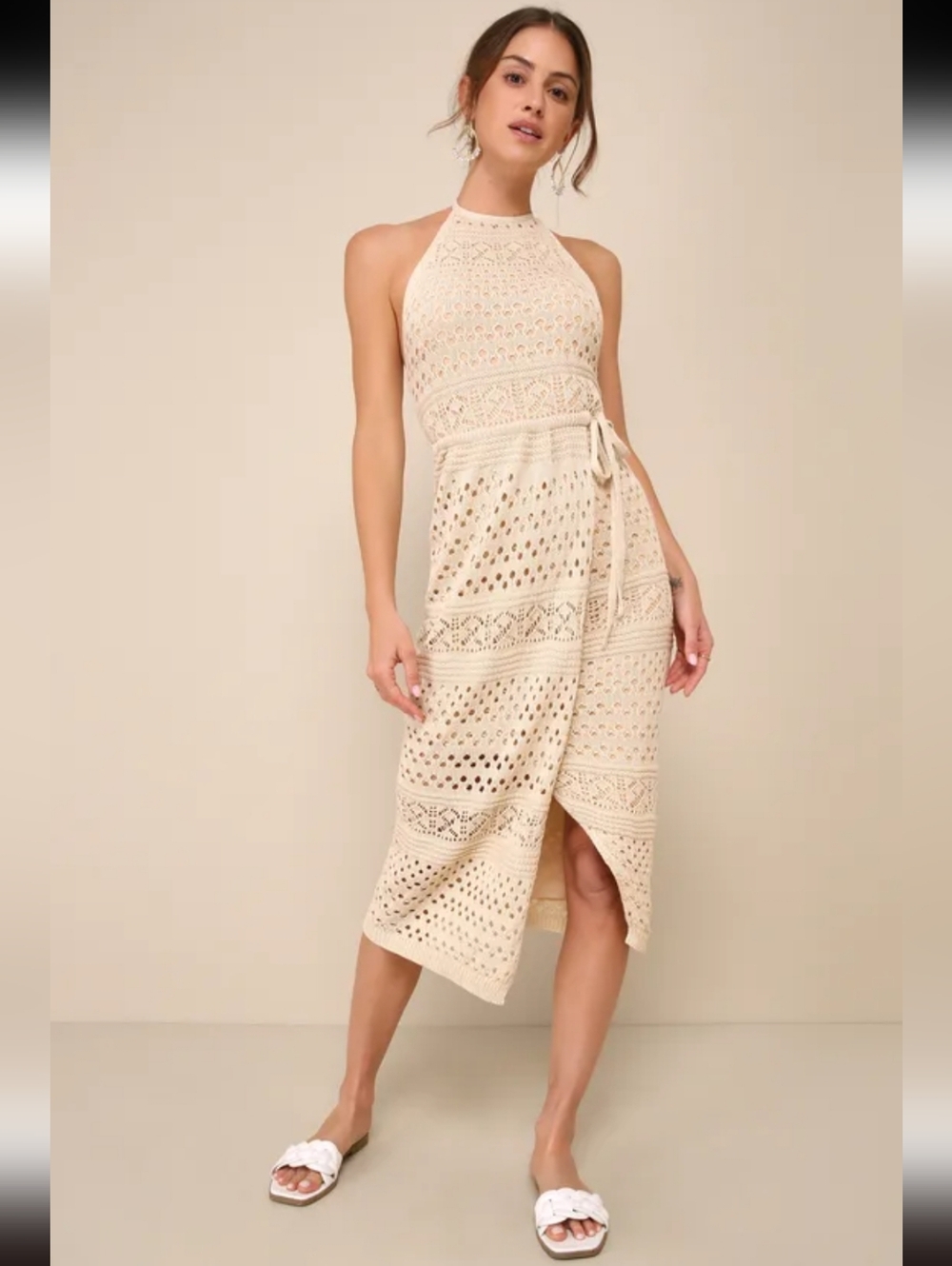Lulu's Cream Crochet Halter Midi Dress